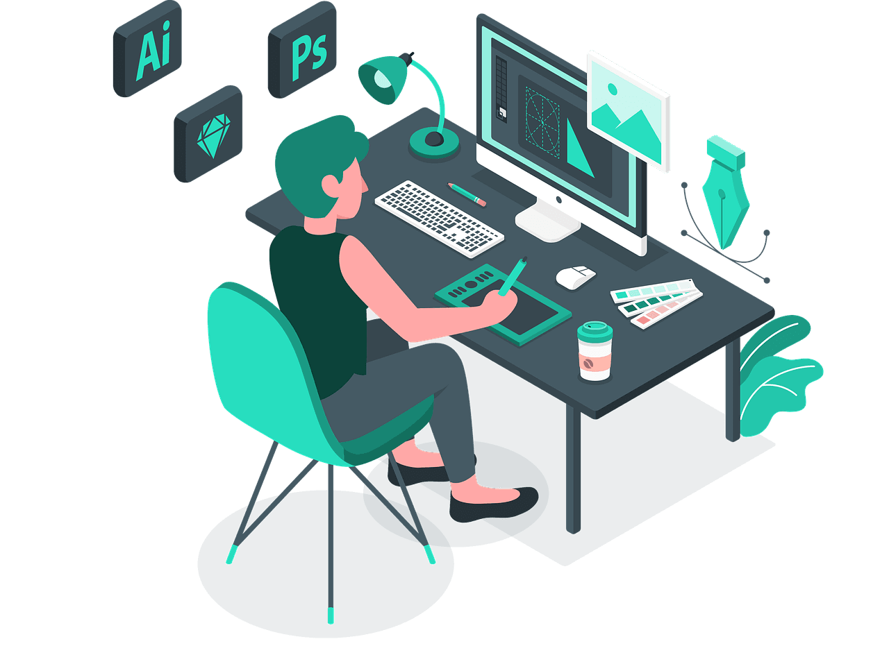 Animated image of a person designing some graphic with designing tools